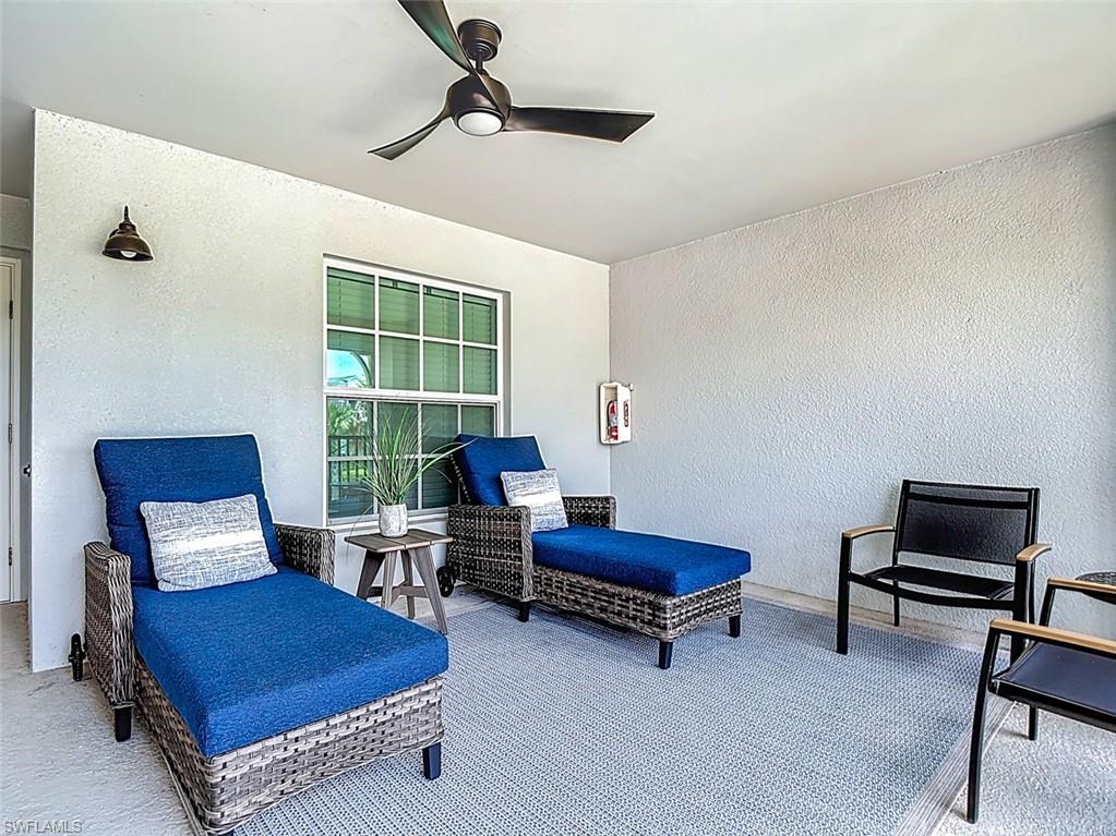 View of patio with ceiling fan