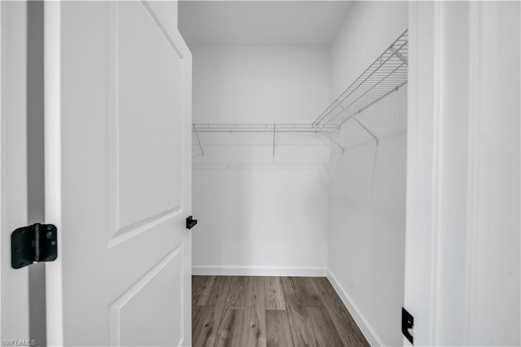 Walk-in closet featuring wood-finish flooring, white walls, and wire shelving