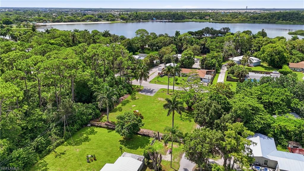Expansive lot with mature trees and green landscaping, bordered by a paved road