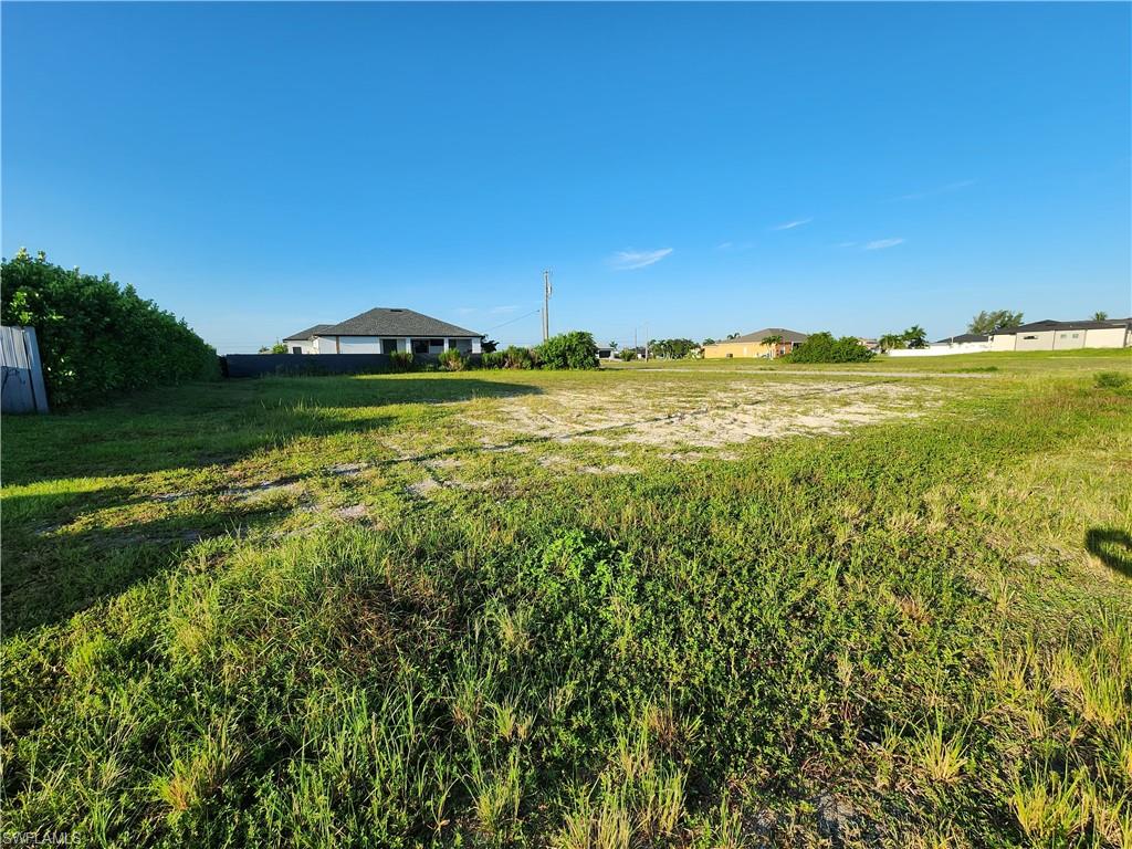 Expansive lot featuring a mix of natural ground cover and clear areas, bordered by a dense green hedge