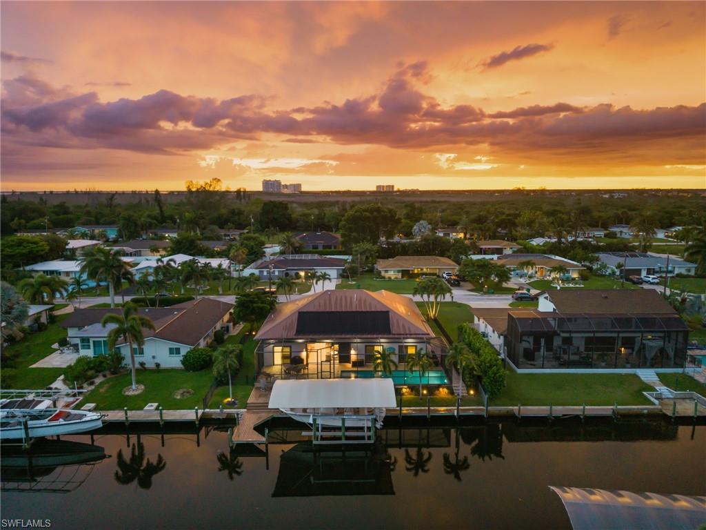 Aerial view of the back of the house in the evening