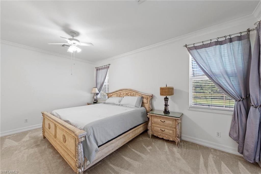 Bright bedroom featuring warm wood-finish bed frame, neutral carpeting, ceiling fan with integrated lighting, and dual windows with layered drapery and natural light