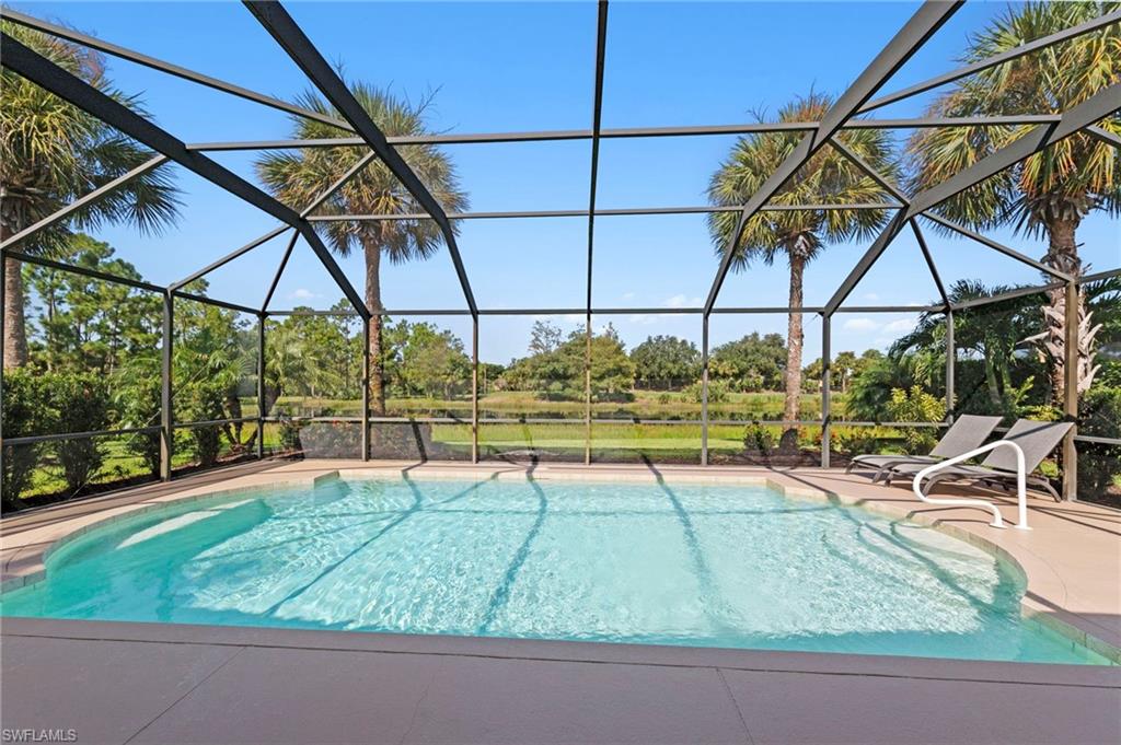 Screened lanai with resort-style heated swimming pool featuring lane markings, composite decking, and metal frame structure