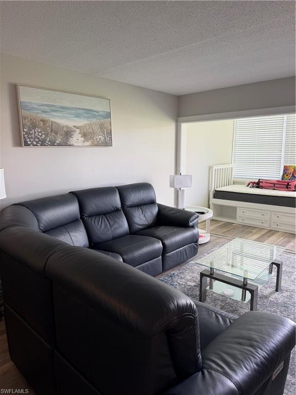 Recessed opening to an additional room, white window blinds, and wood-finish flooring