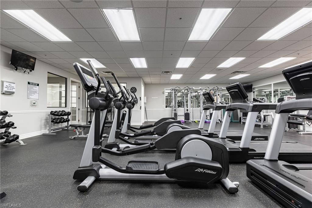 State-of-the-art fitness facility featuring multiple elliptical machines with digital displays, adjustable cardio equipment, and a comprehensive strength training setup
