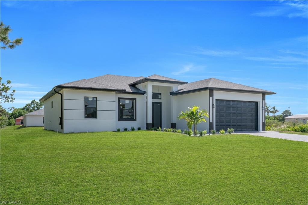 Contemporary exterior with a dark shingle roof, white stucco siding, black-framed windows, a dark panel garage door, and a concrete driveway
