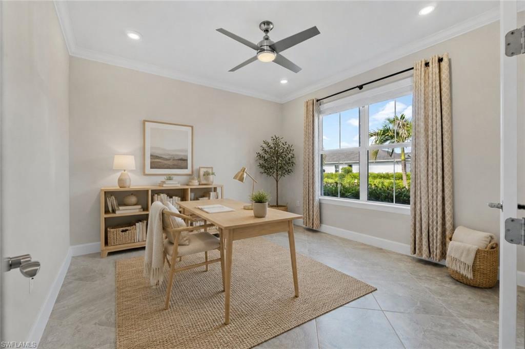 Recessed lighting, crown molding, and a ceiling fan fixture