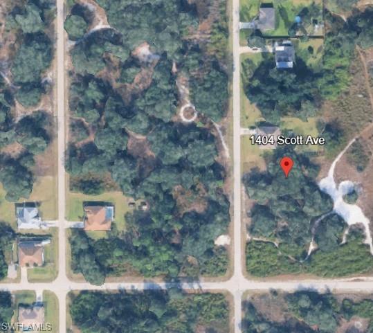 Aerial View. Displaying the property at 1404 Scott Ave and its surrounding area