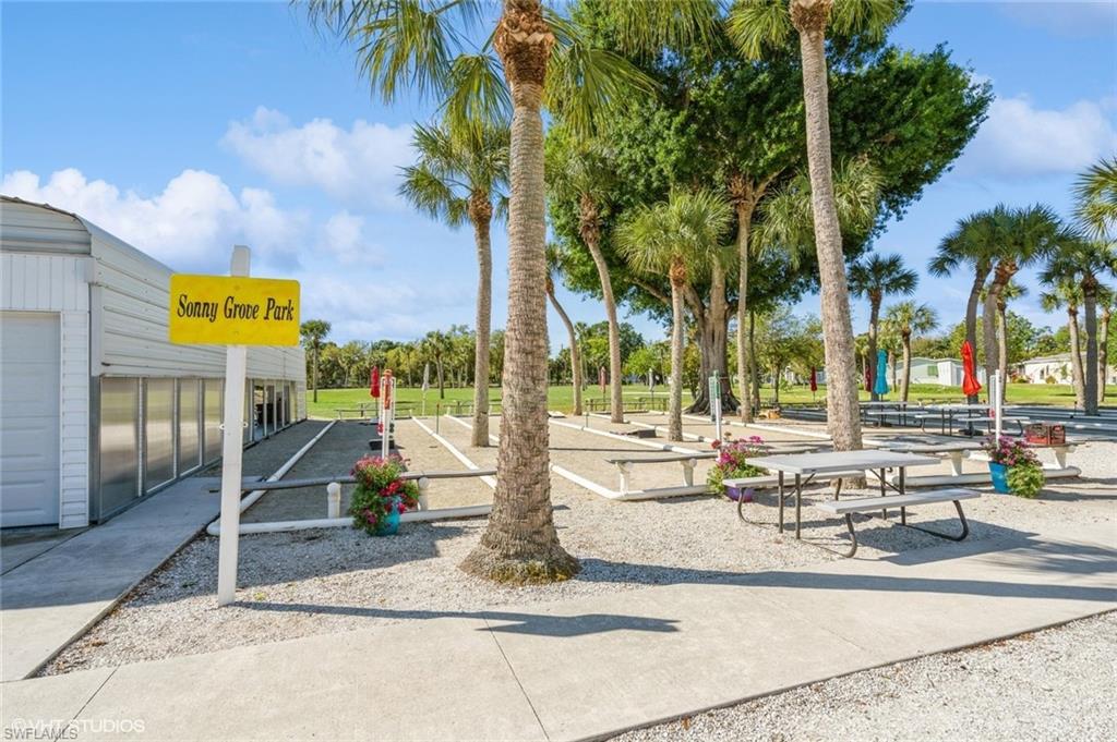 Community park featuring multiple palm trees, picnic tables, and bocce ball area