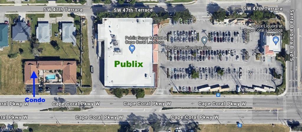 Aerial Map. Displaying the property's location in Cape Coral Pkwy W relative to commercial establishments and surrounding streets
