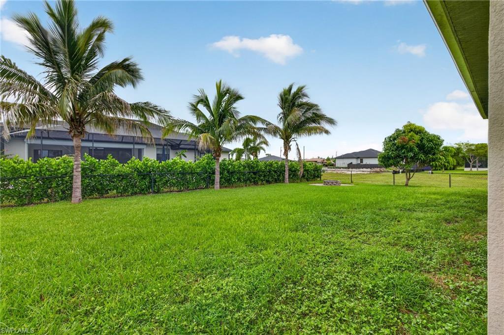 Expansive green lawn featuring mature palm trees and a privacy hedge