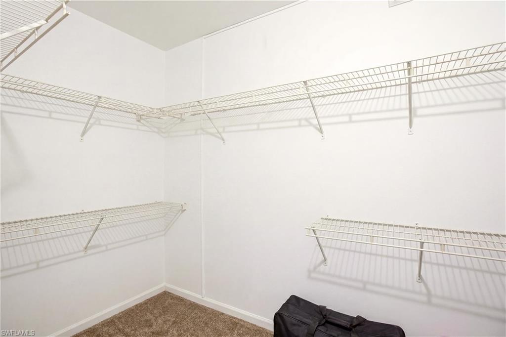 Walk-in closet featuring white wire shelving, white walls, and carpeting
