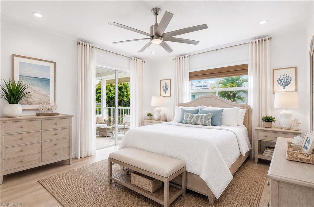 Virtual Renovation: Recessed lighting, ceiling fan, wood-finish flooring, sliding glass door to a covered patio, and a window with blinds