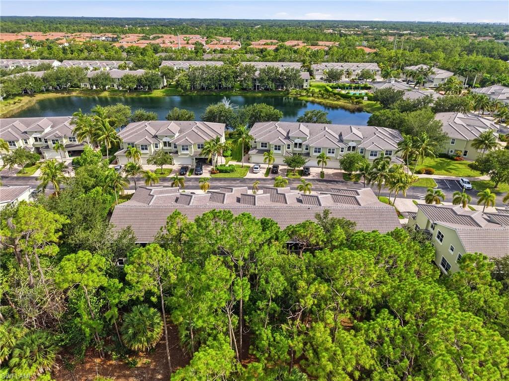 Aerial landscape showcasing townhome-style residences with pitched roofs and surrounding lush green trees