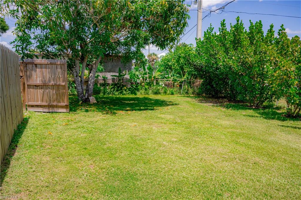 Expansive yard with mature trees, established shrubs, and a wood privacy fence