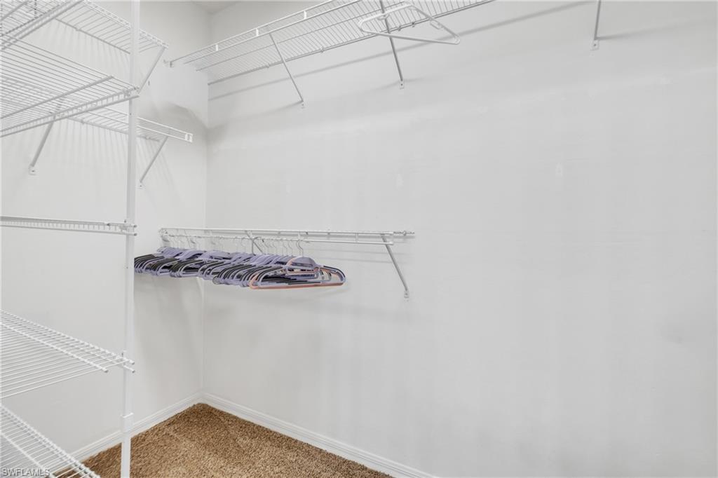 White wire shelving system, integrated hanging rods, and carpet flooring