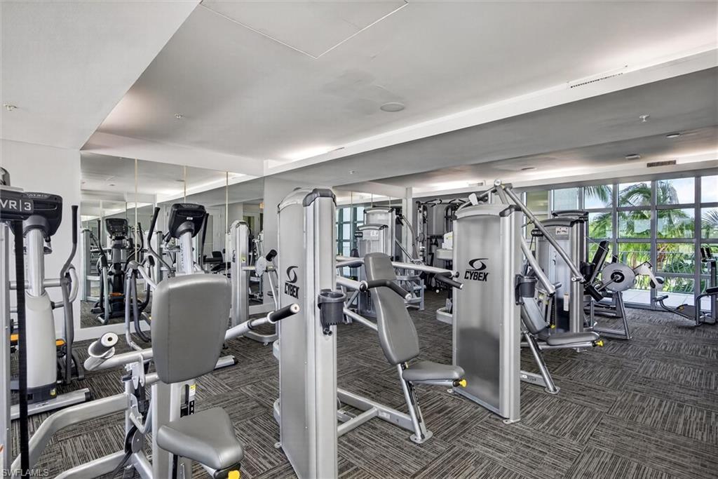 Fitness facility with multiple workout stations, full-height wall mirrors, and floor-to-ceiling windows