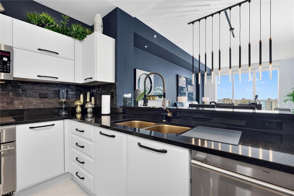 White cabinetry with black hardware, black stone countertops, dark tile backsplash, dual-basin sink with gooseneck faucet, and stainless steel appliances