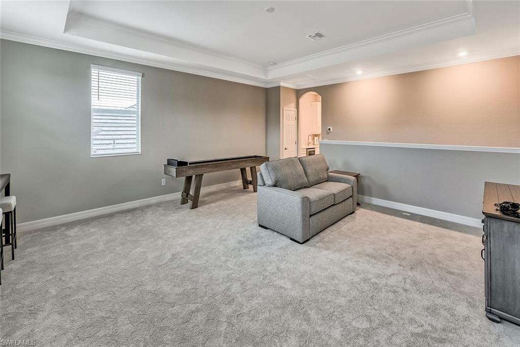 Living area featuring a tray ceiling, light carpet, arched walkways, and baseboards