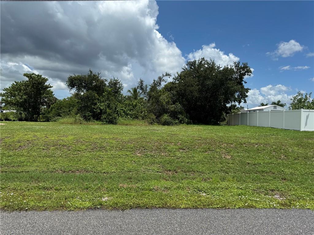 Expansive lot featuring a manicured lawn, established landscaping, and a white vinyl privacy fence