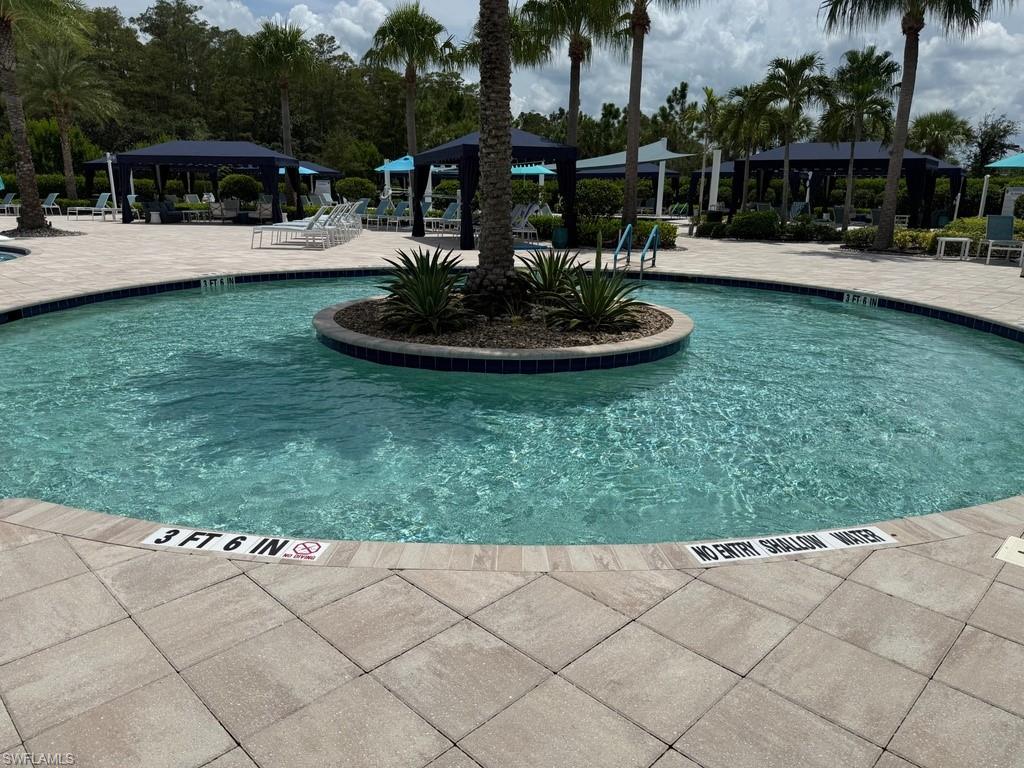 Resort-style pool area featuring a lazy river design, paver decking, surrounding palm trees, and multiple cabanas