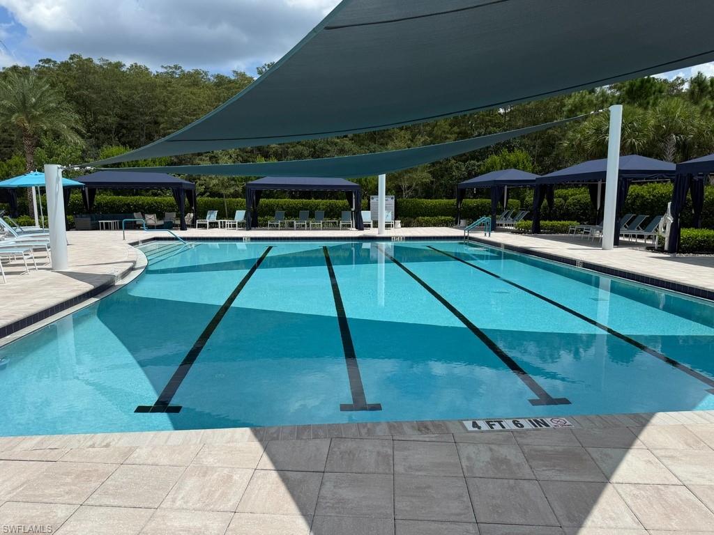 Lap pool with integrated steps, surrounded by light-toned pavers, and shaded by overhead fabric canopies