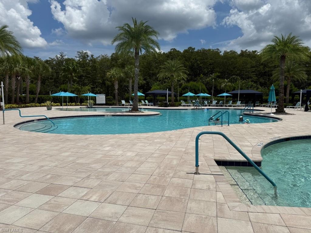 Expansive pool deck featuring pavers, multiple swimming areas, and integrated grab rails