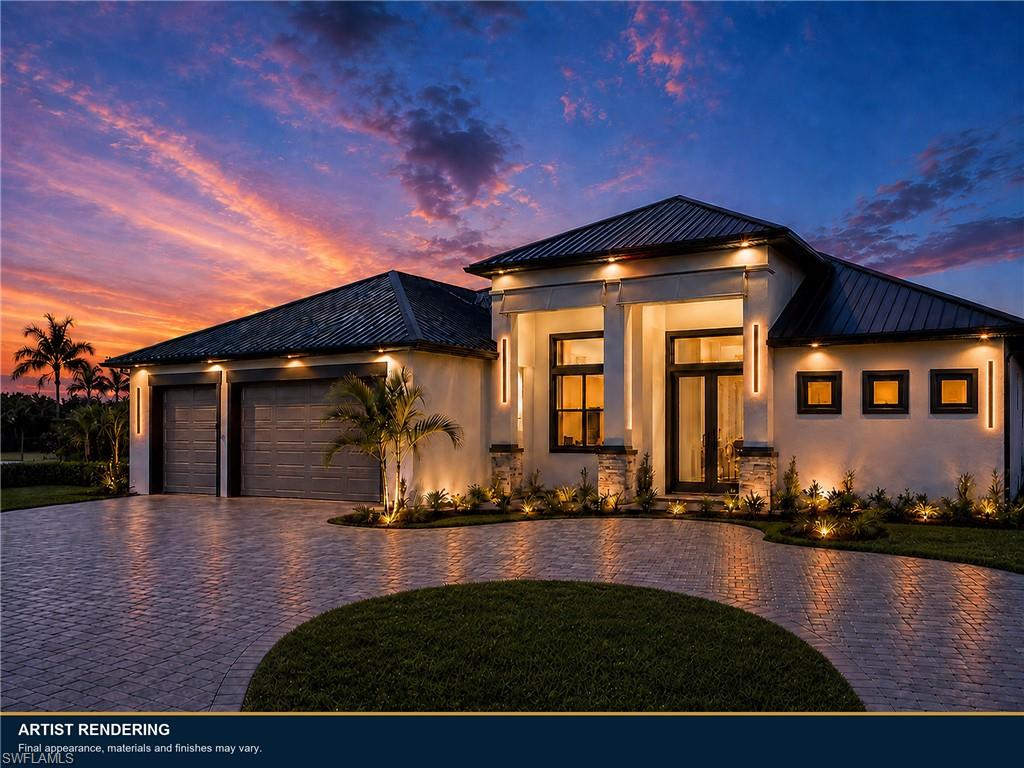 AI-enhanced twilight rendering of the front exterior, showcasing the home’s modern design, illuminated entry, and landscaped driveway