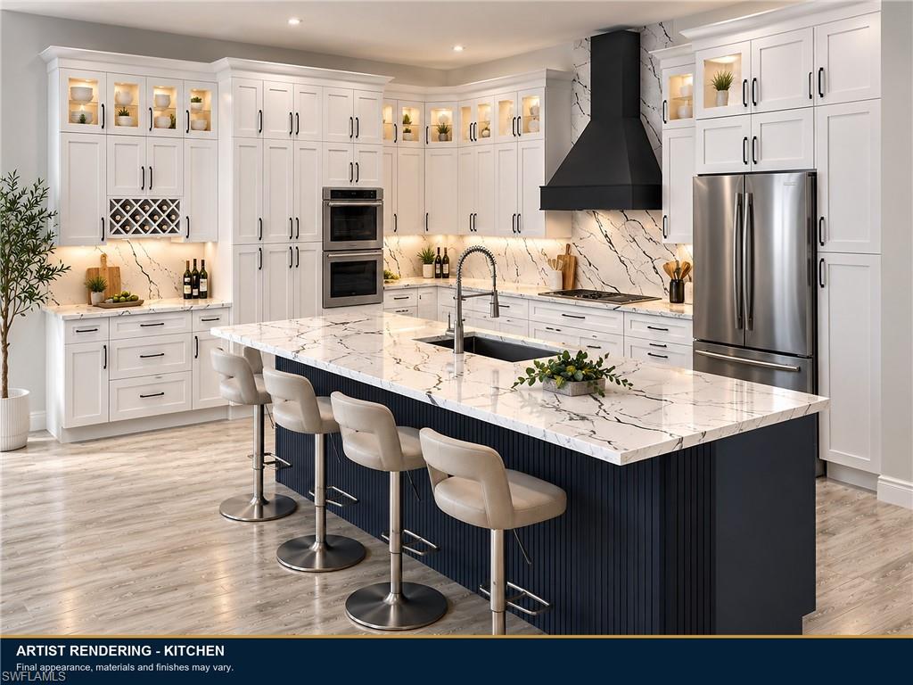 AI-enhanced rendering of a bright modern kitchen with a large island, pendant lighting, stainless-steel appliances, and abundant cabinetry.