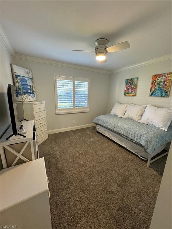 Plush carpet flooring, crown molding, plantation shutters, and a ceiling fan with integrated lighting