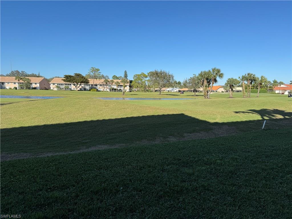 Expansive green space featuring scattered palm trees and distant residential structures