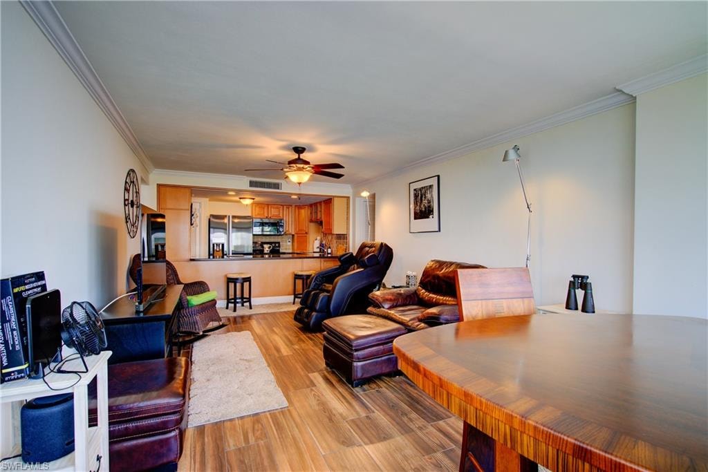 The living room & dining room combine for a 28' x 7' Great Room