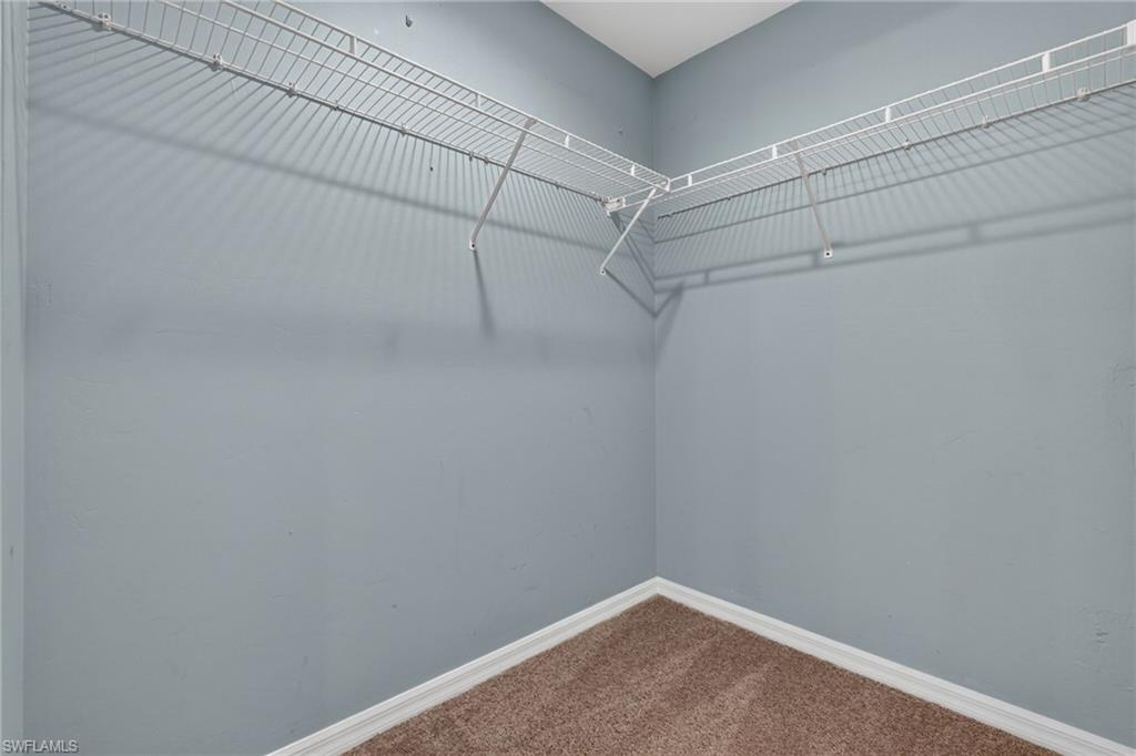 Wall-mounted wire shelving system, light blue painted walls, and brown carpet flooring.