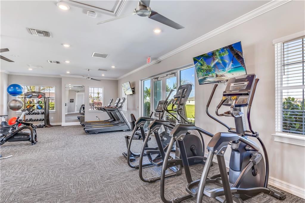 Fitness area featuring carpet flooring, ceiling fans, multiple windows with blinds, and glass-paneled double doors