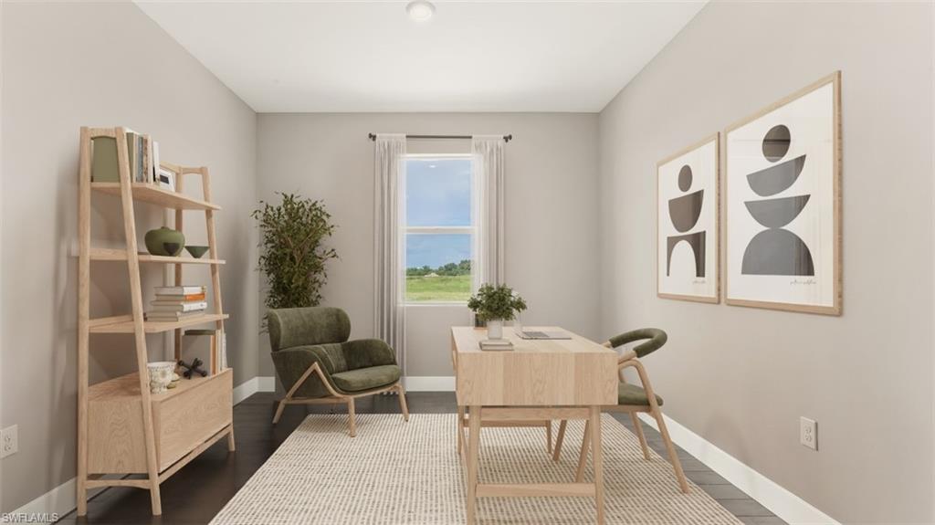 Dark-finish flooring with light-toned wall paint and a single window featuring white curtains