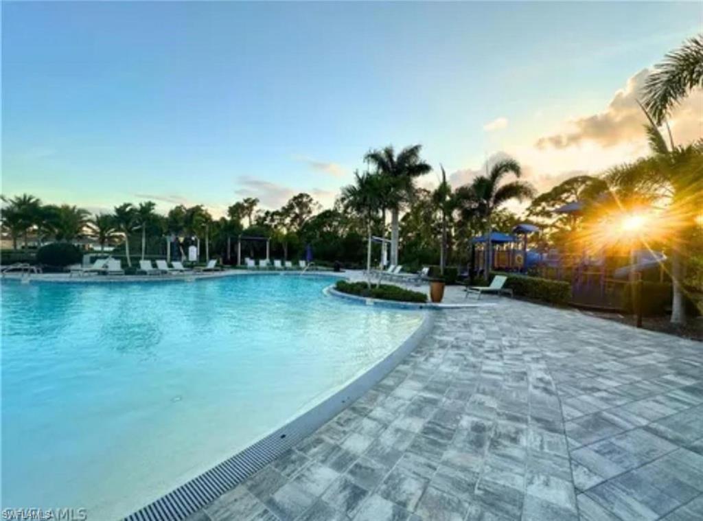 Expansive swimming pool with a zero-entry design, surrounded by a paver deck, palm trees, and lounge seating