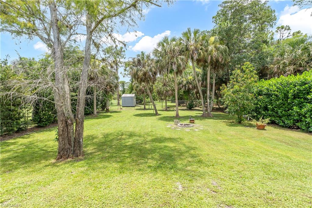 Expansive backyard featuring a lush lawn, mature trees, and a fire pit