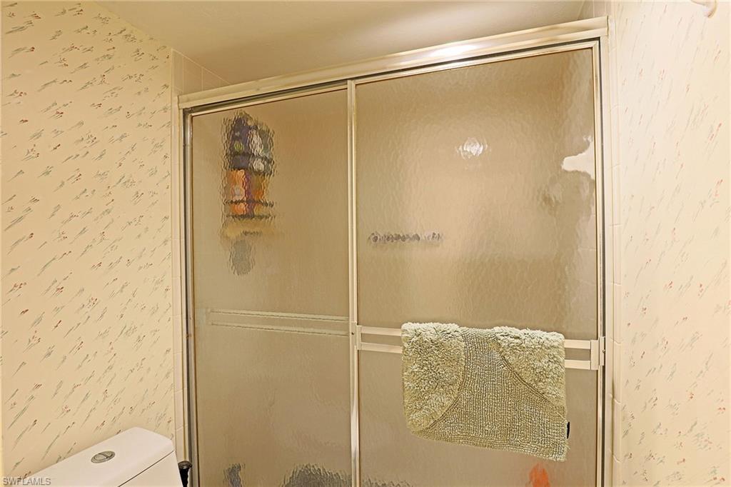 Shower enclosure with sliding frosted glass doors