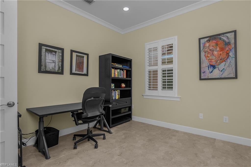 Recessed lighting, crown molding, plantation shutters, and tile flooring