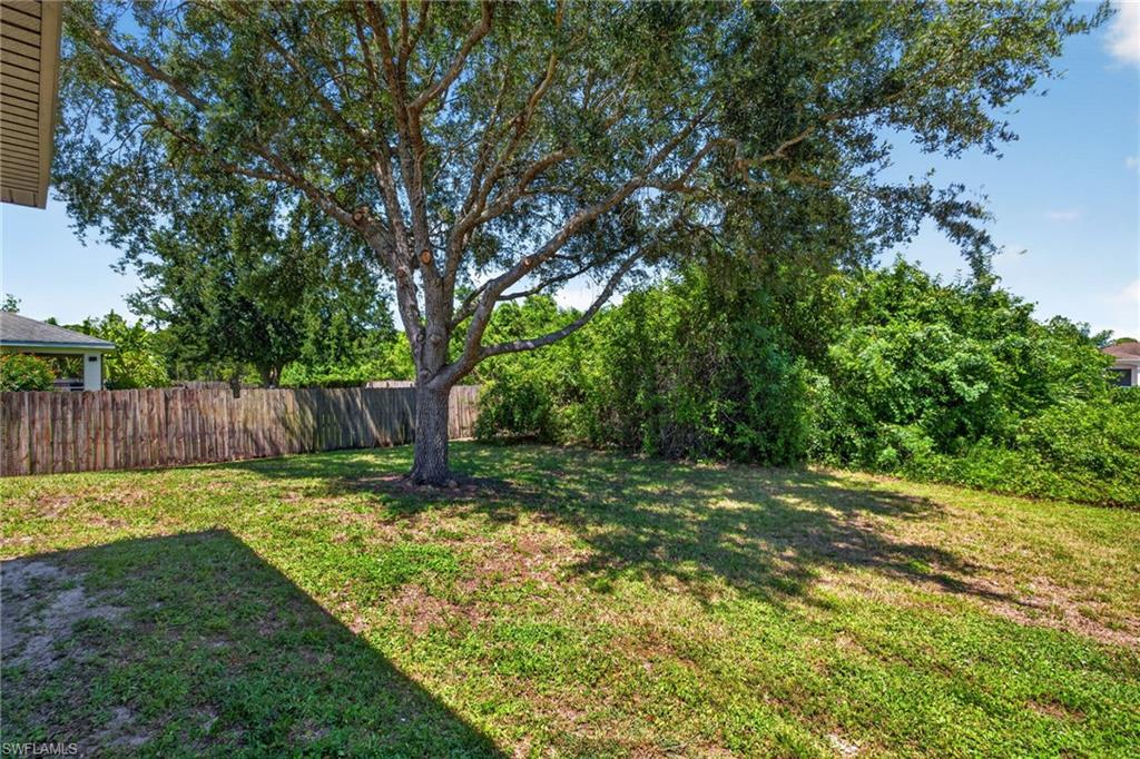 Expansive grassy area featuring a mature shade tree, natural wood fencing, and lush perimeter foliage
