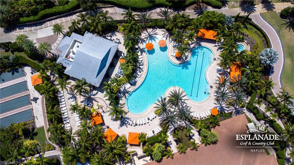 Expansive swimming pool with integrated spa and dedicated lap lanes, surrounded by a paved deck