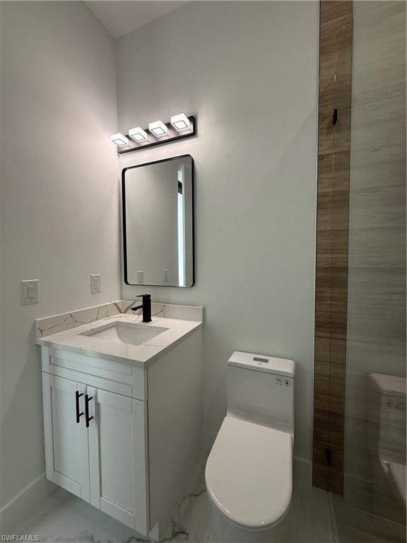 White vanity with black hardware, white countertop with veining, rectangular mirror, and matte black faucet
