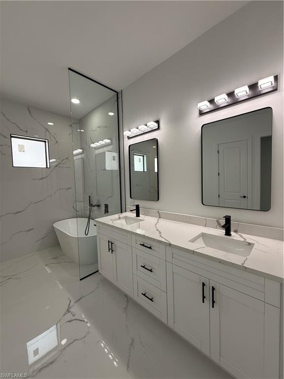 Dual vanity with integrated sinks, white cabinetry, and stone countertops