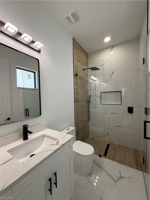 White vanity with a quartz countertop and integrated sink