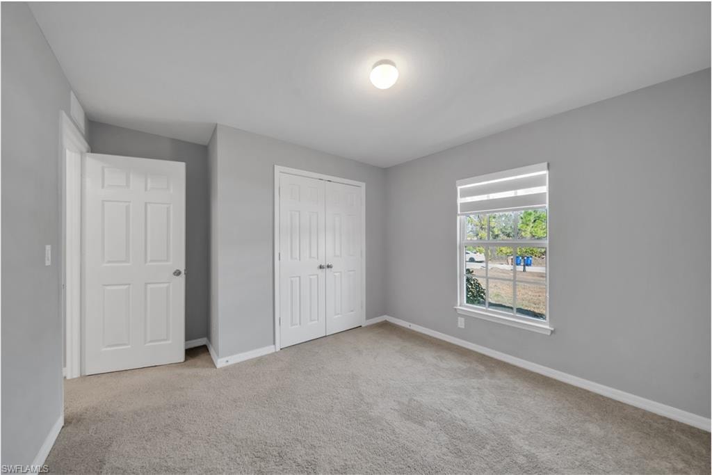Neutral gray wall paint, carpet flooring, window with blinds, and white paneled doors