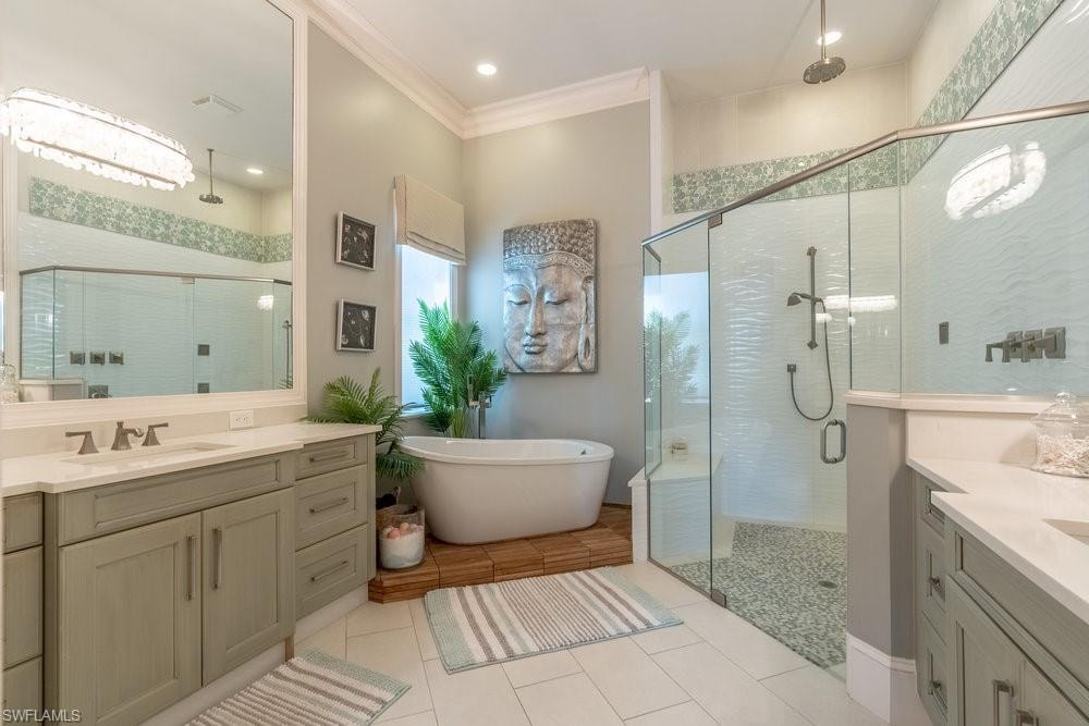 Primary bath double vanity, soaking tub, walk in shower