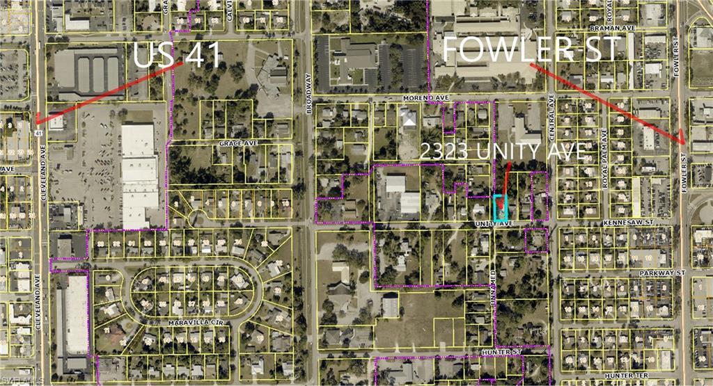 Aerial Map. Displaying the property at 2323 Unity Ave, with US 41 and Fowler St indicating access routes