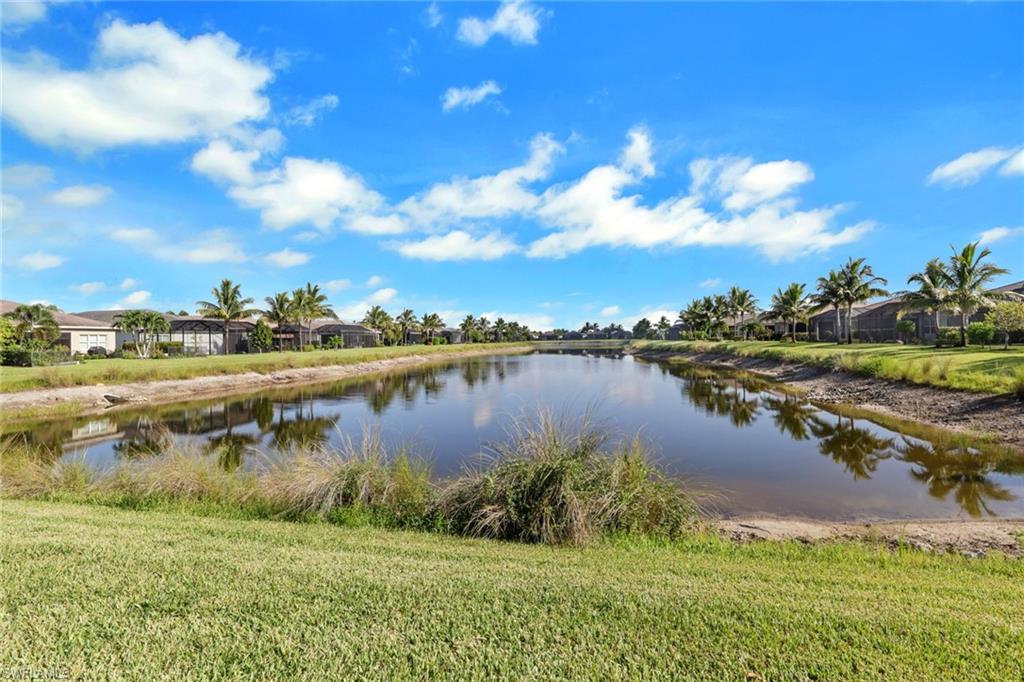 Expansive grassy area with a reflective water feature