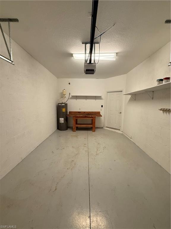 Attached garage featuring painted concrete flooring, overhead fluorescent lighting, and wall-mounted shelving