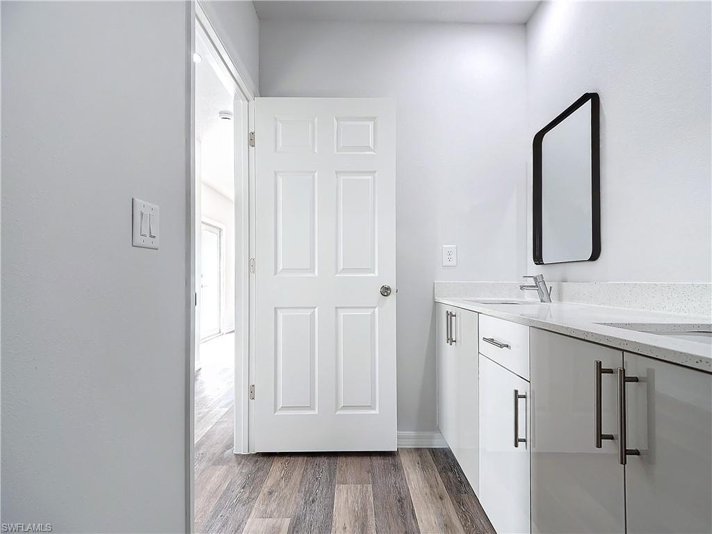Bathroom with dark wood-type flooring and double vanity
